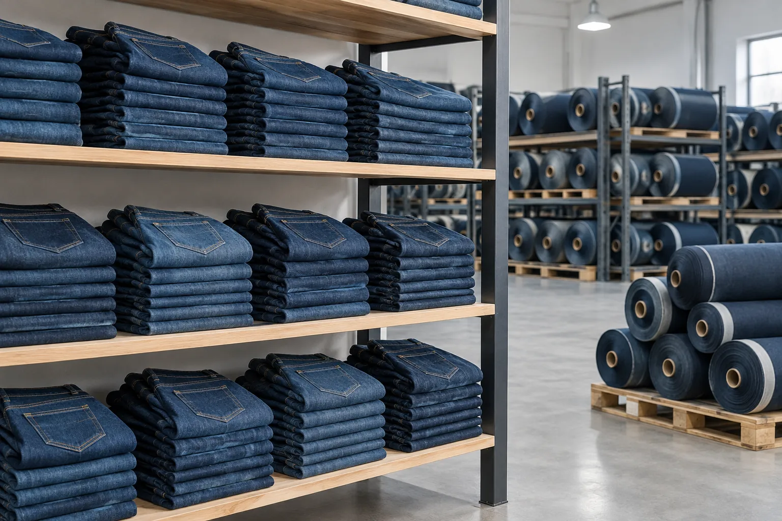 Folded indigo wholesale jeans stacked on warehouse shelves