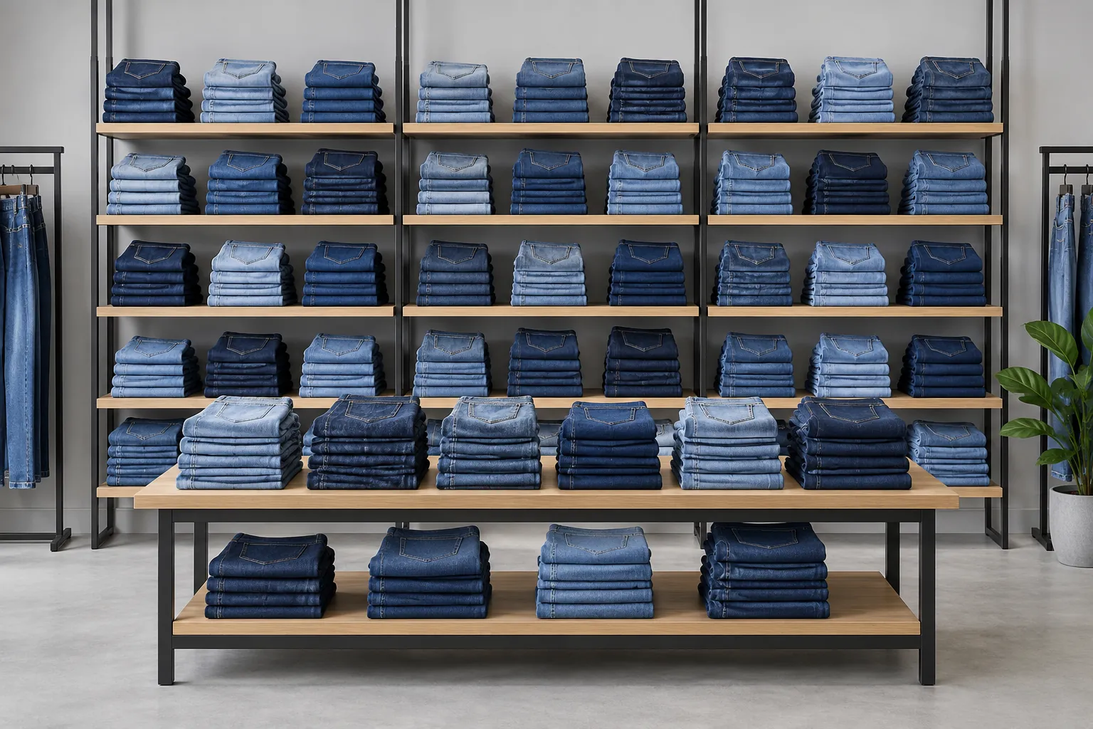 Retail denim wall display with folded jeans