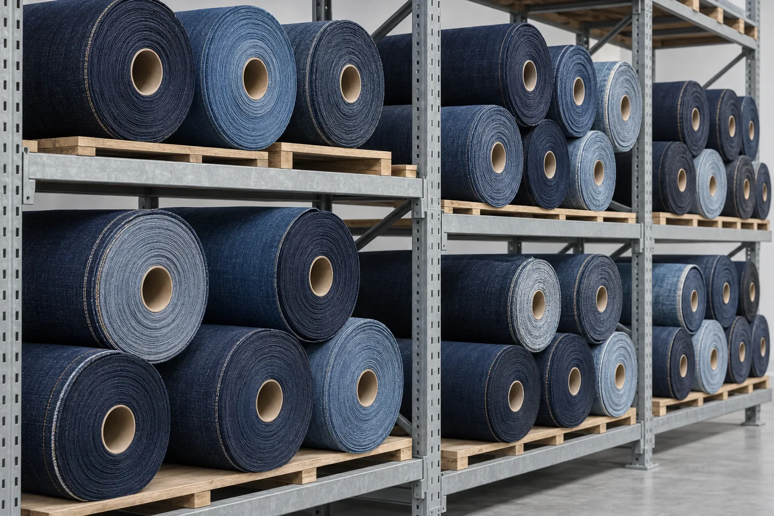 Rolls of indigo denim fabric in different weights