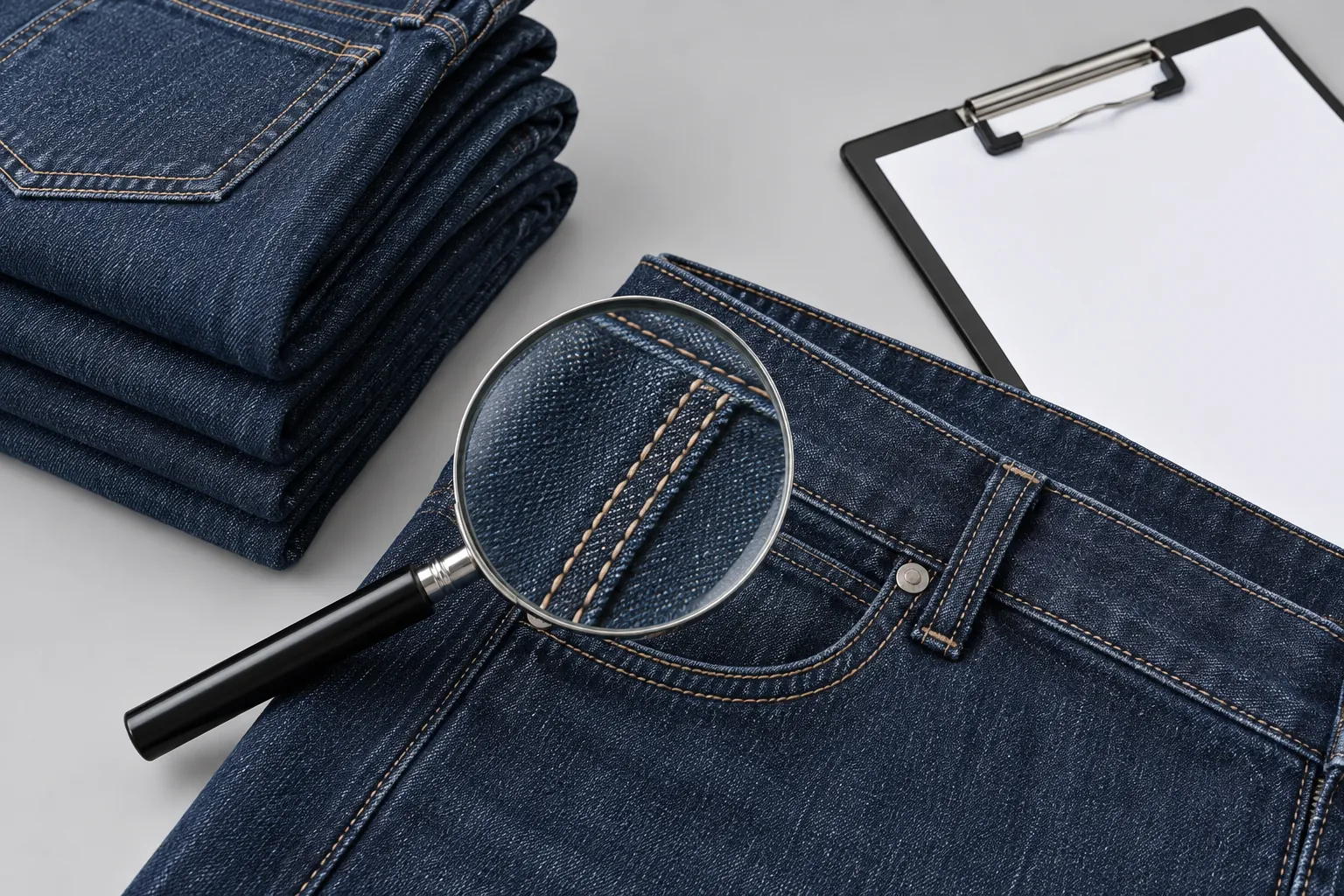 Denim seam inspection with magnifying glass