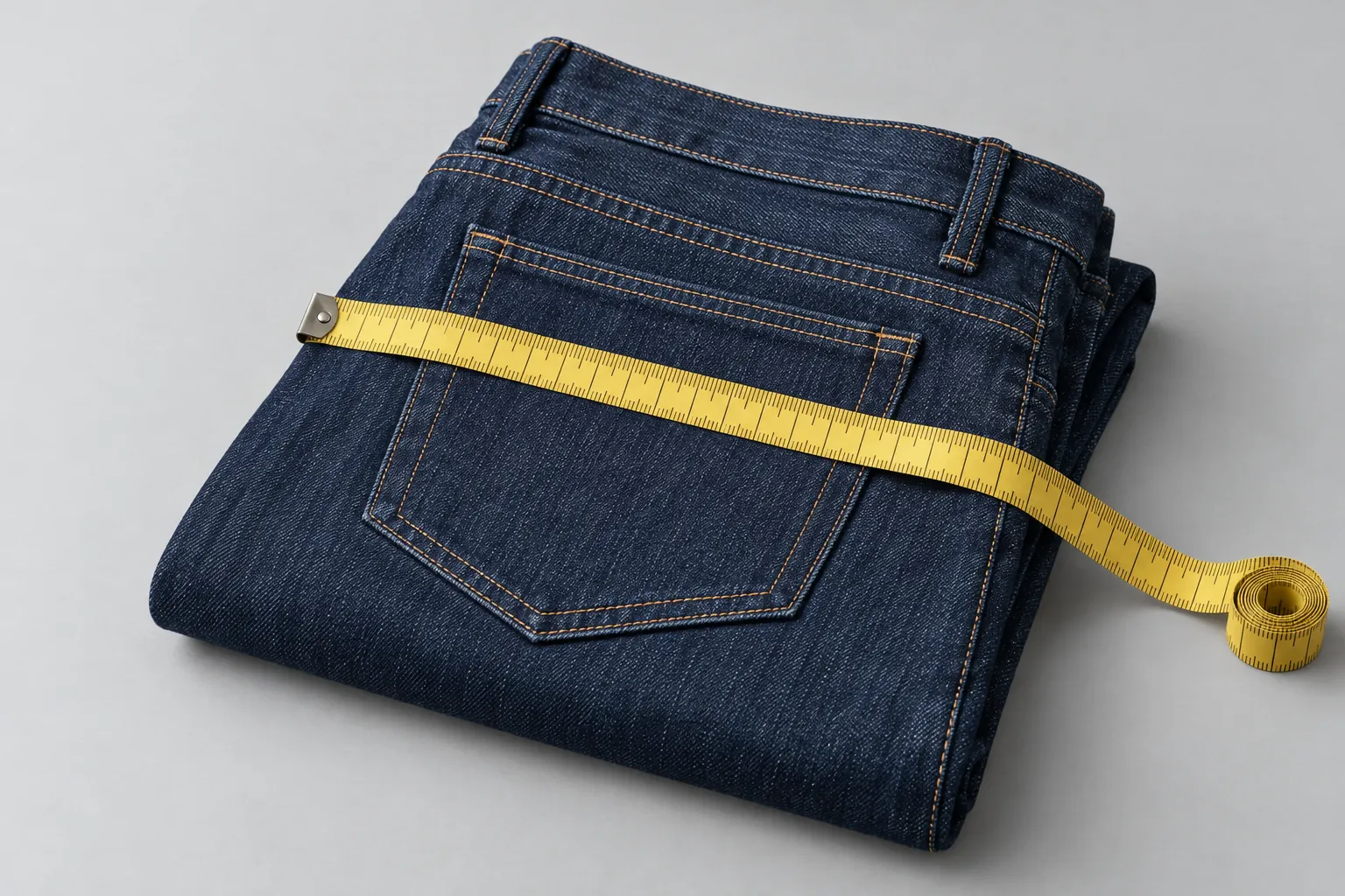 Measuring tape across folded jeans for sizing specs