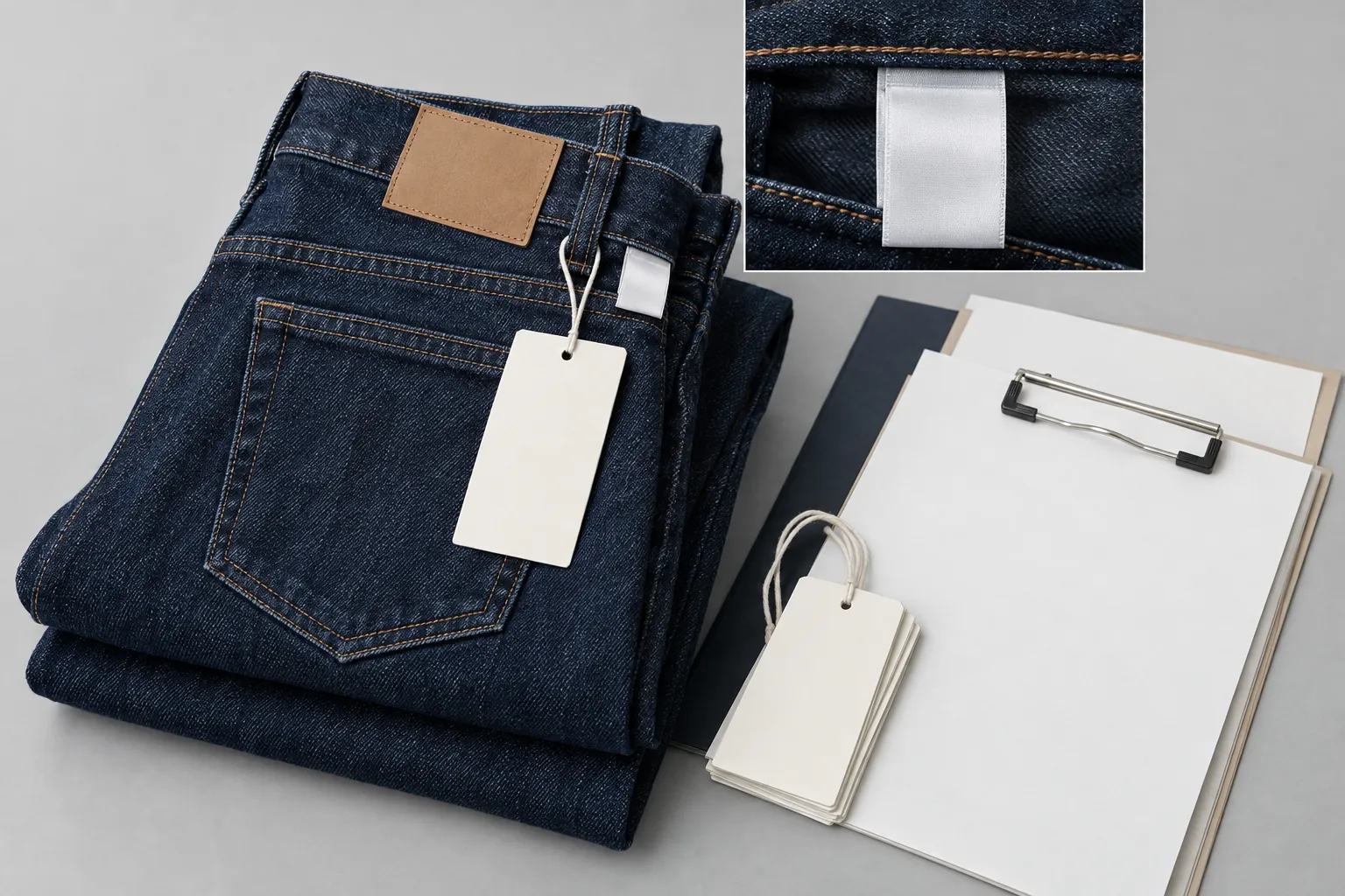 Care labels and hang tags attached to jeans