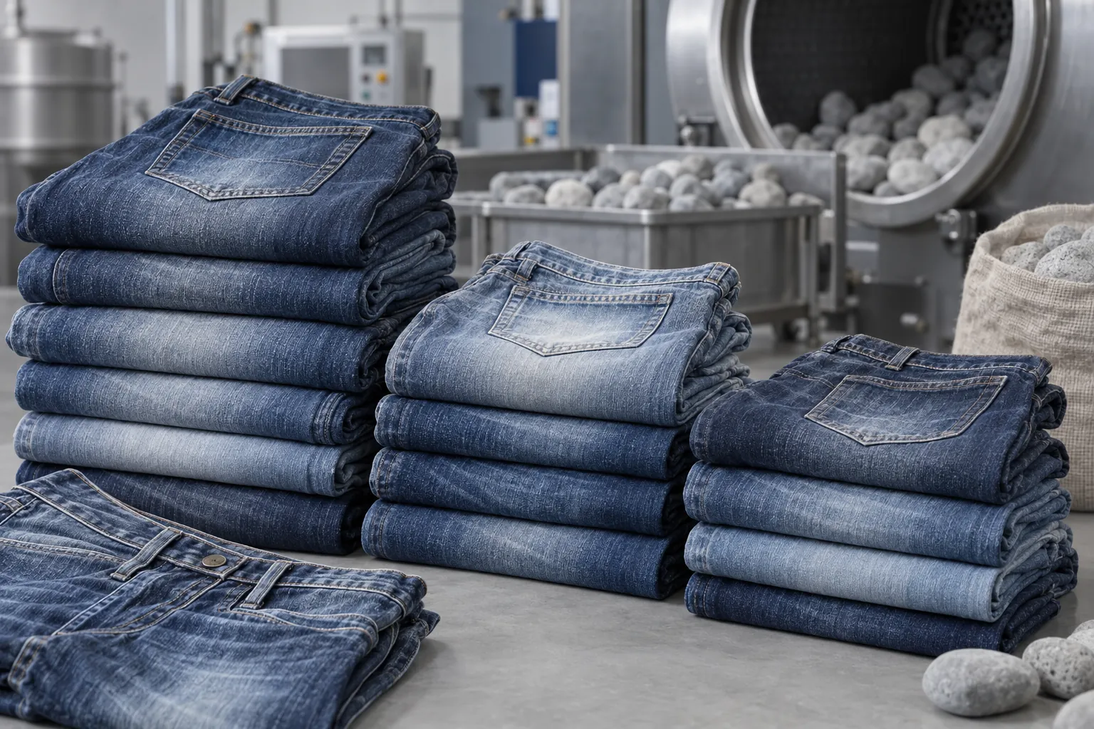 Stone washed denim jeans with faded color variations