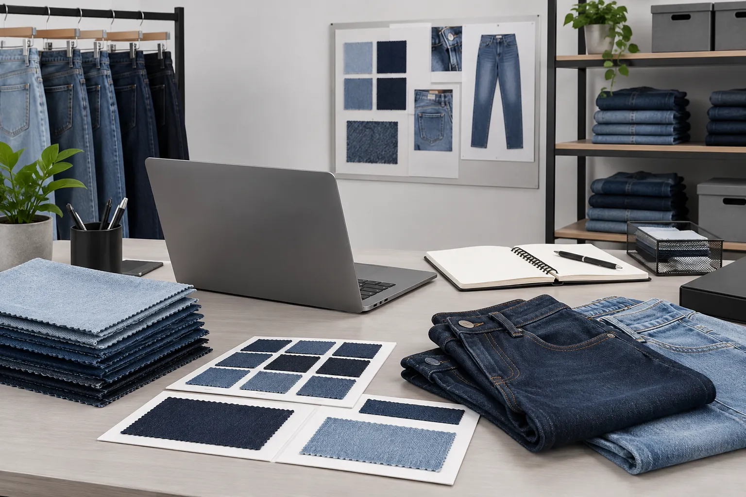 Sourcing coordination desk with denim swatches