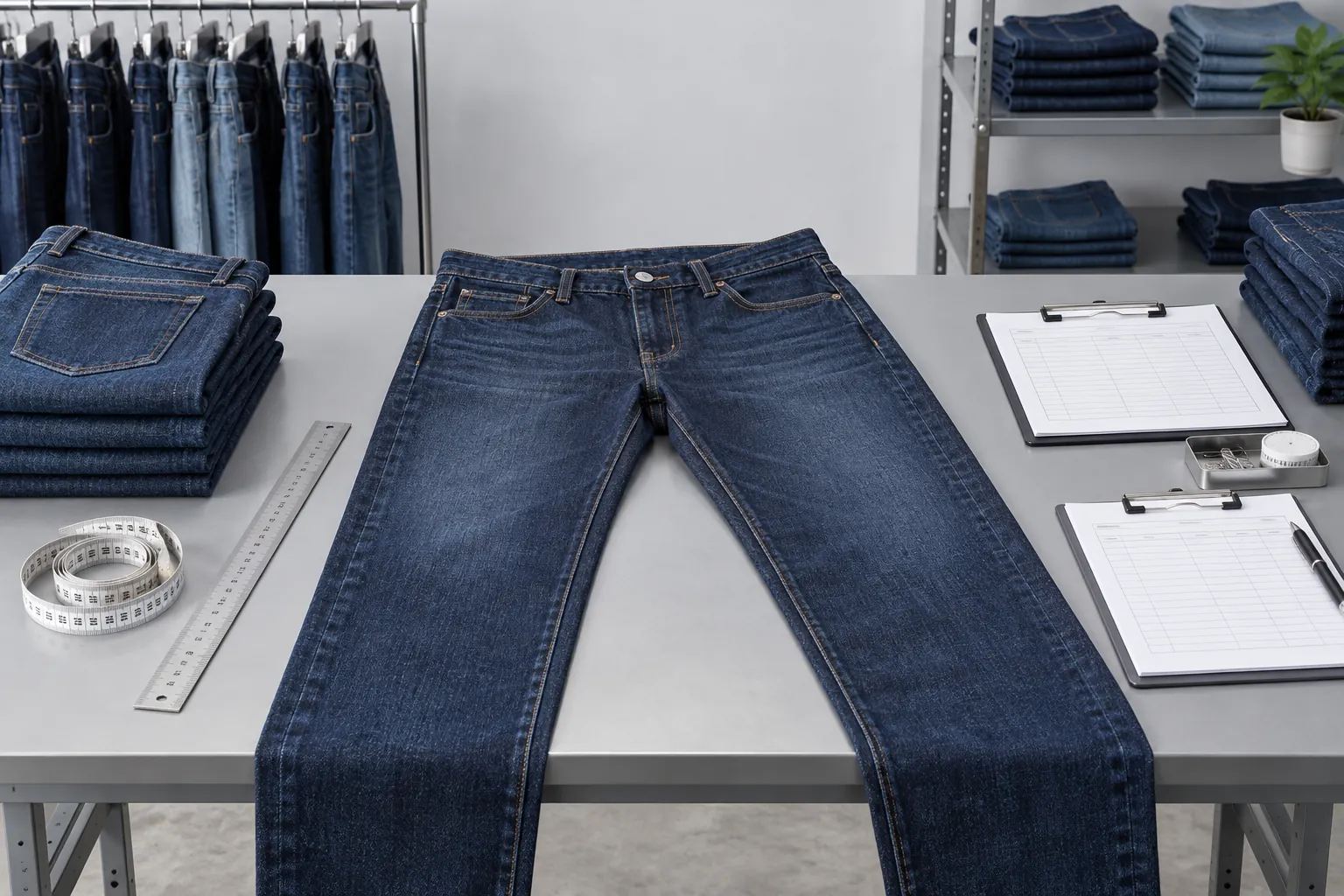 Denim inspection table with measurement tools