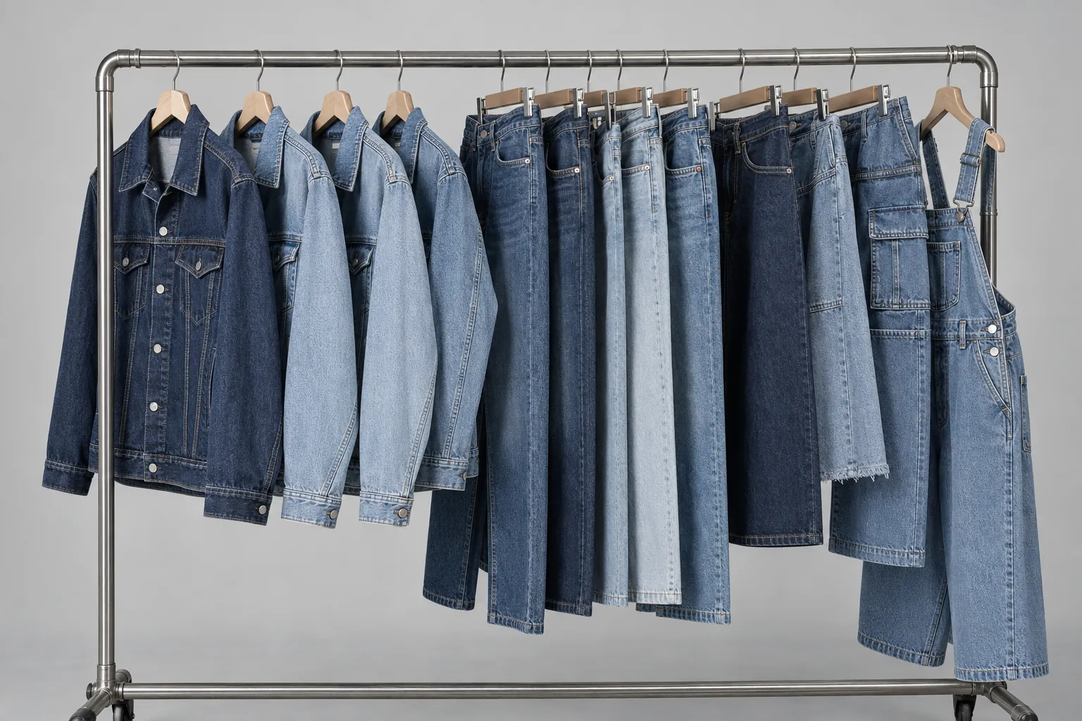 Denim sample garments on development rack
