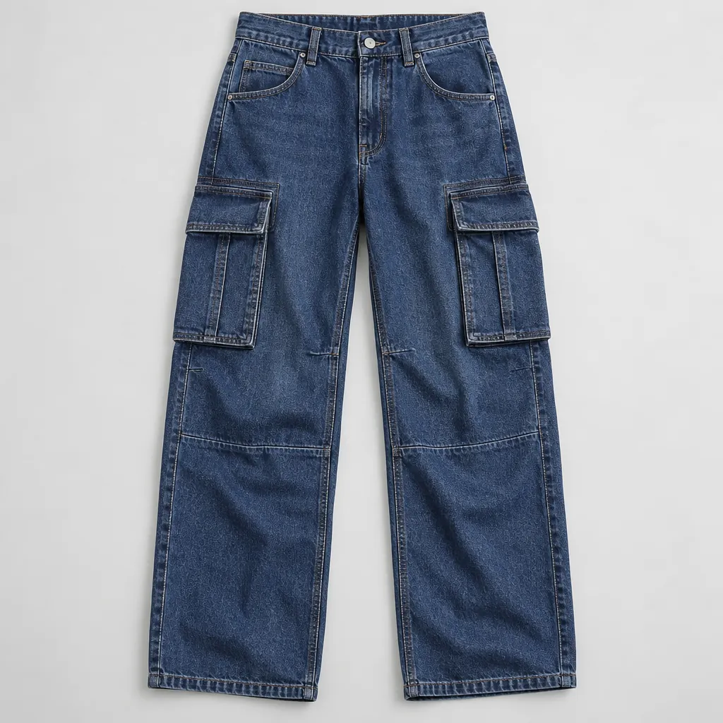 Cargo jeans flat lay with utility thigh pockets