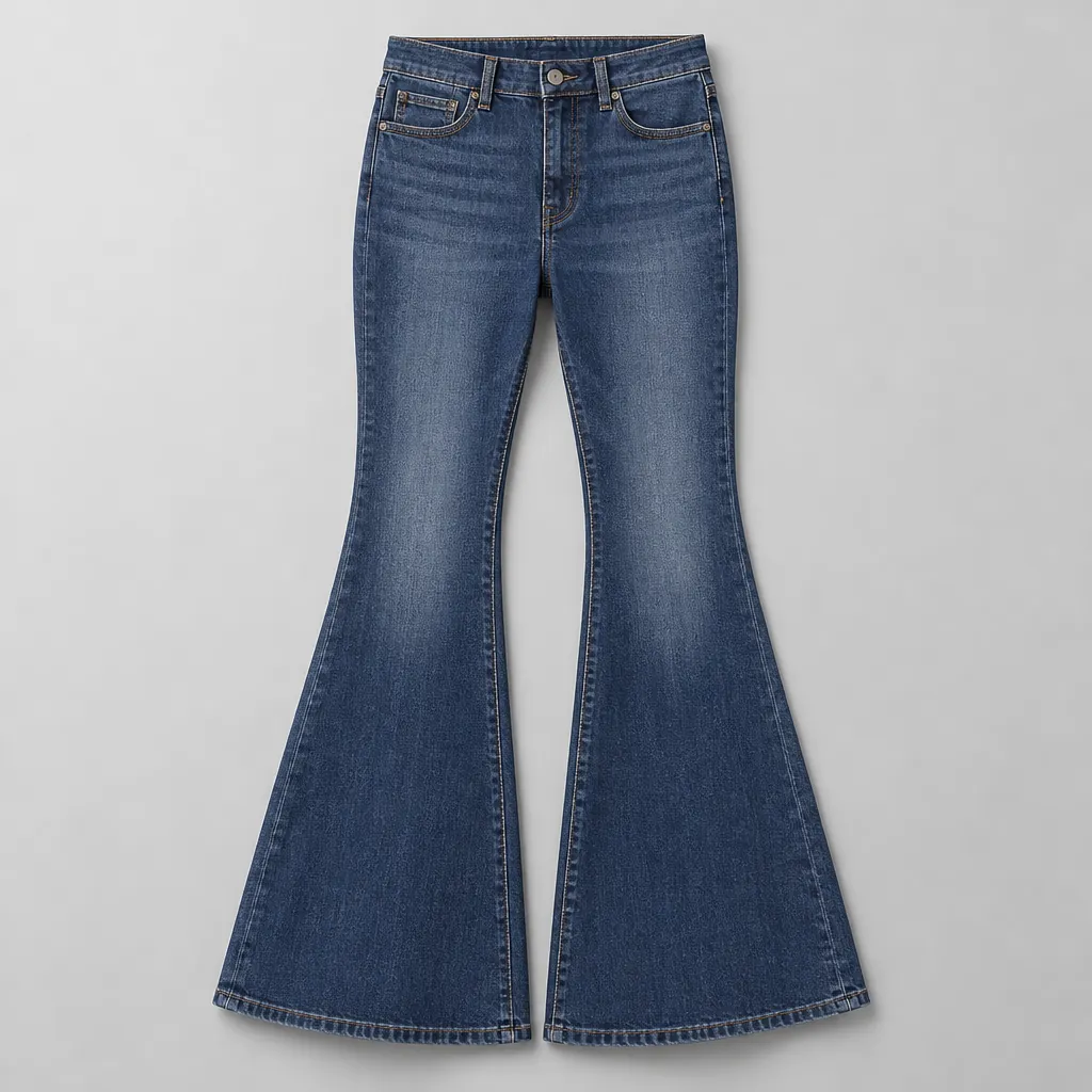 Flare jeans flat lay with bell-bottom leg opening