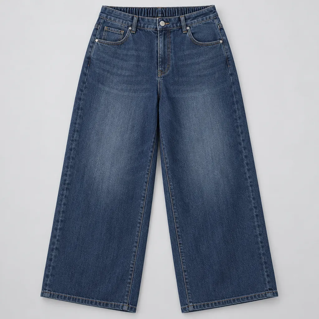Plus size wide leg jeans flat lay with curvy fit