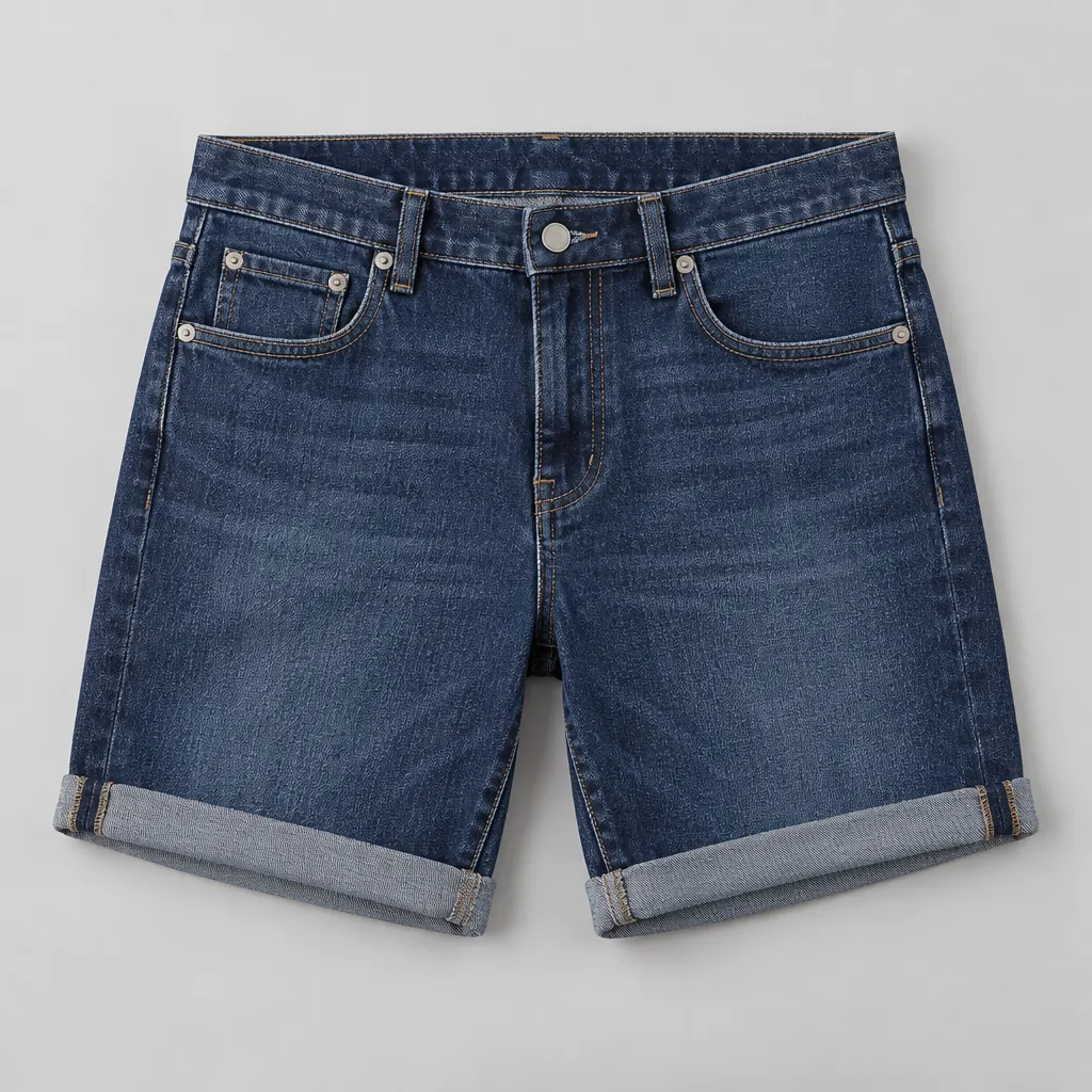 Denim shorts flat lay cut at mid thigh