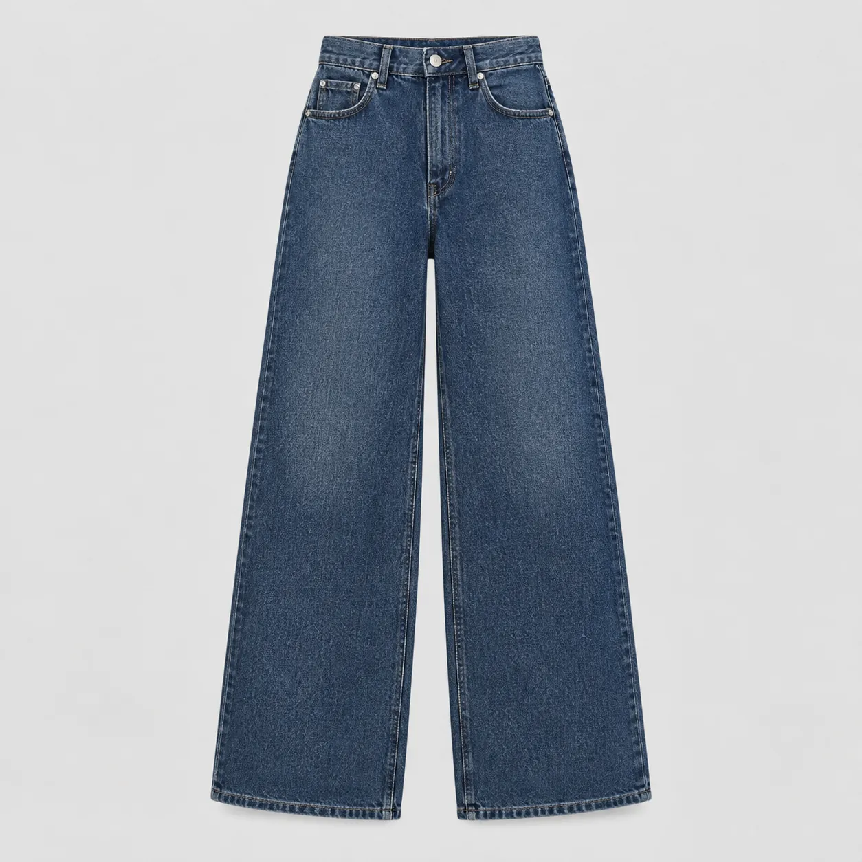Wide leg jeans flat lay showing wide straight silhouette